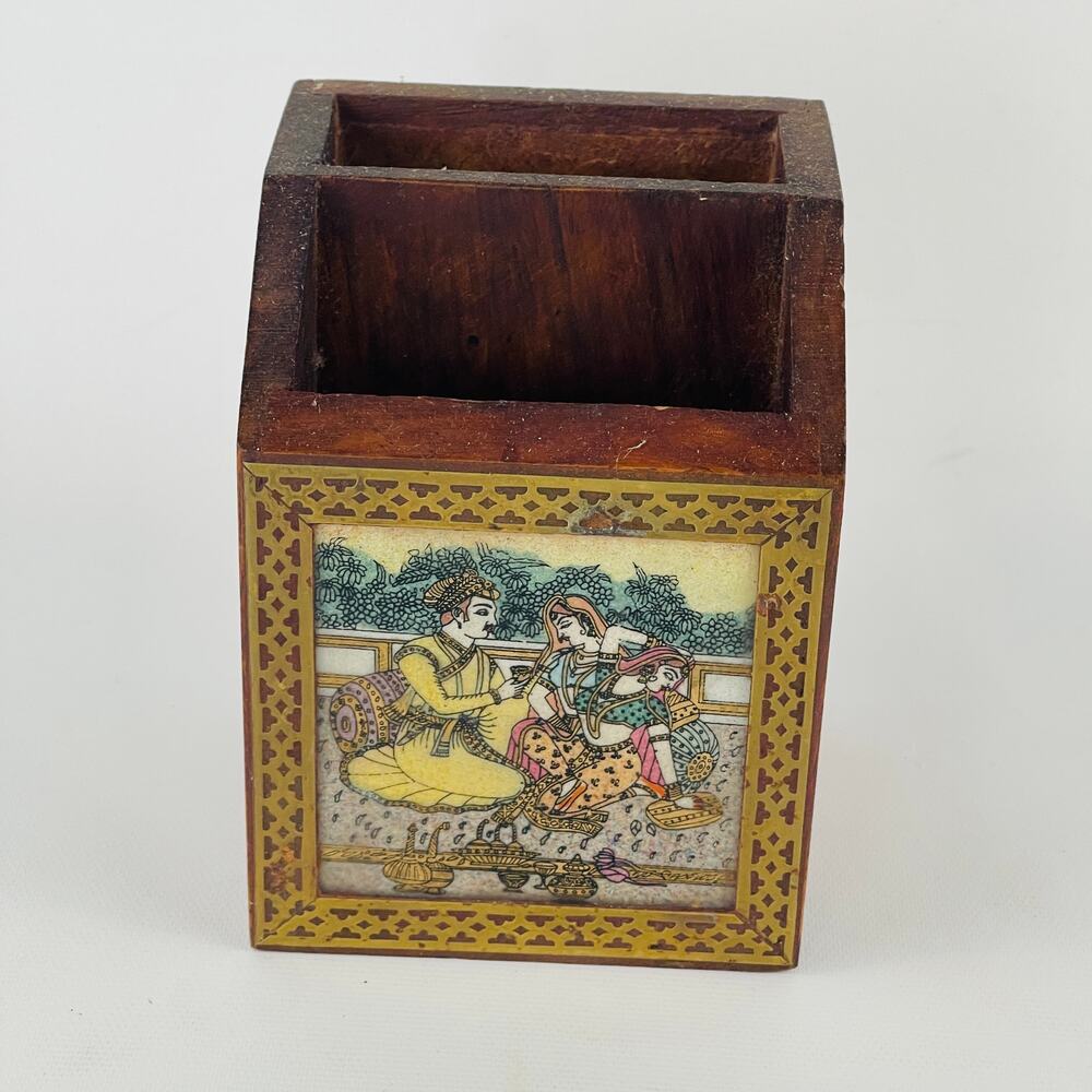 Wooden Desk Pen Caddy Box India Sand Art with Brass Inlay